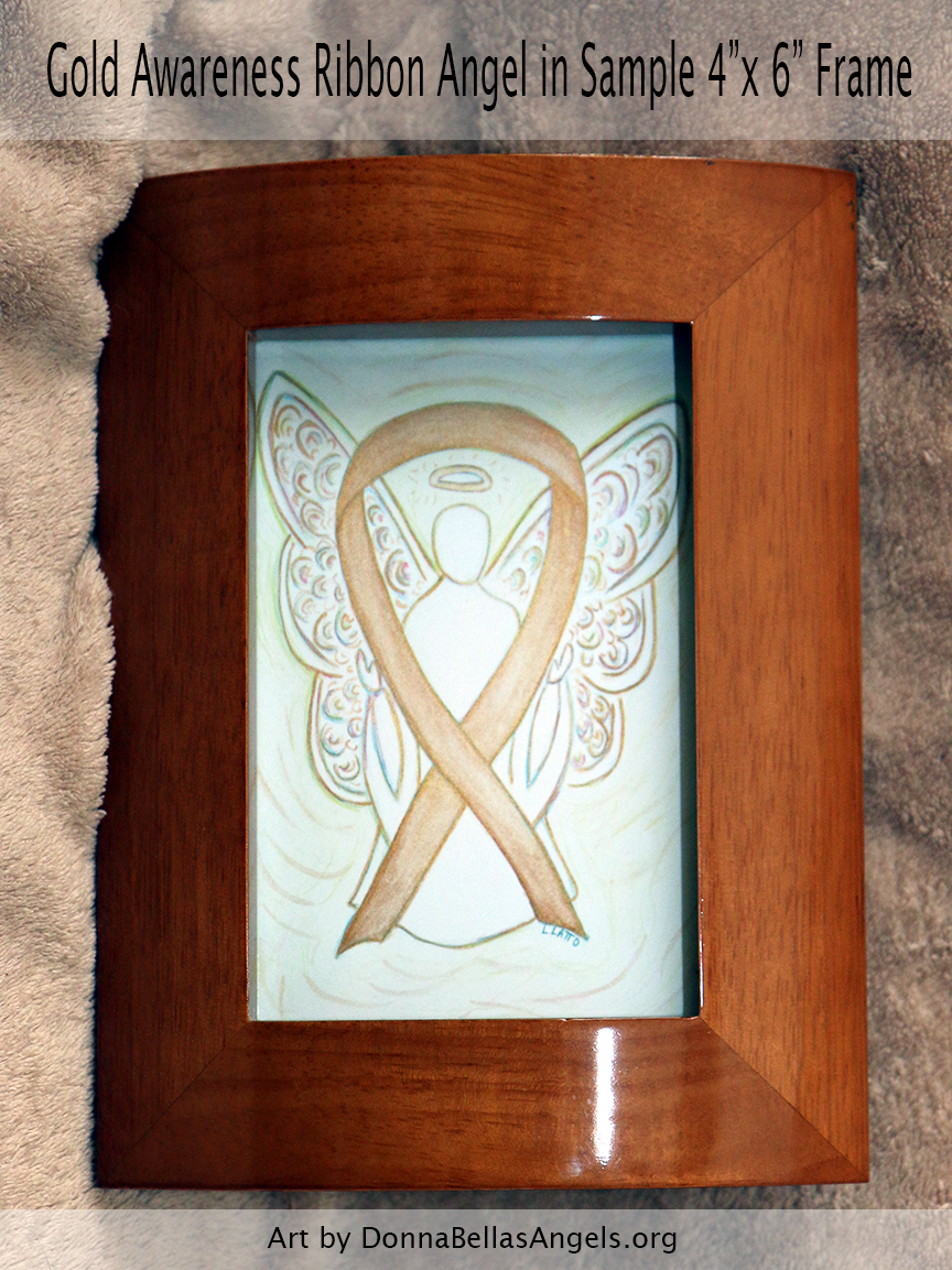 Gold Awareness Ribbon Guardian Angel Art Painting Postcard in Sample 4"X6" Frame for Childhood Cancer