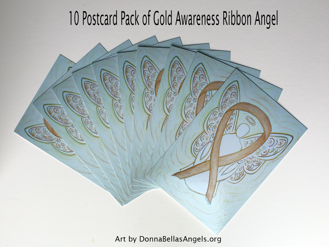 Gold Awareness Ribbon Guardian Angel Art Painting Postcards 10 Pack on Etsy for Childhood Cancer
