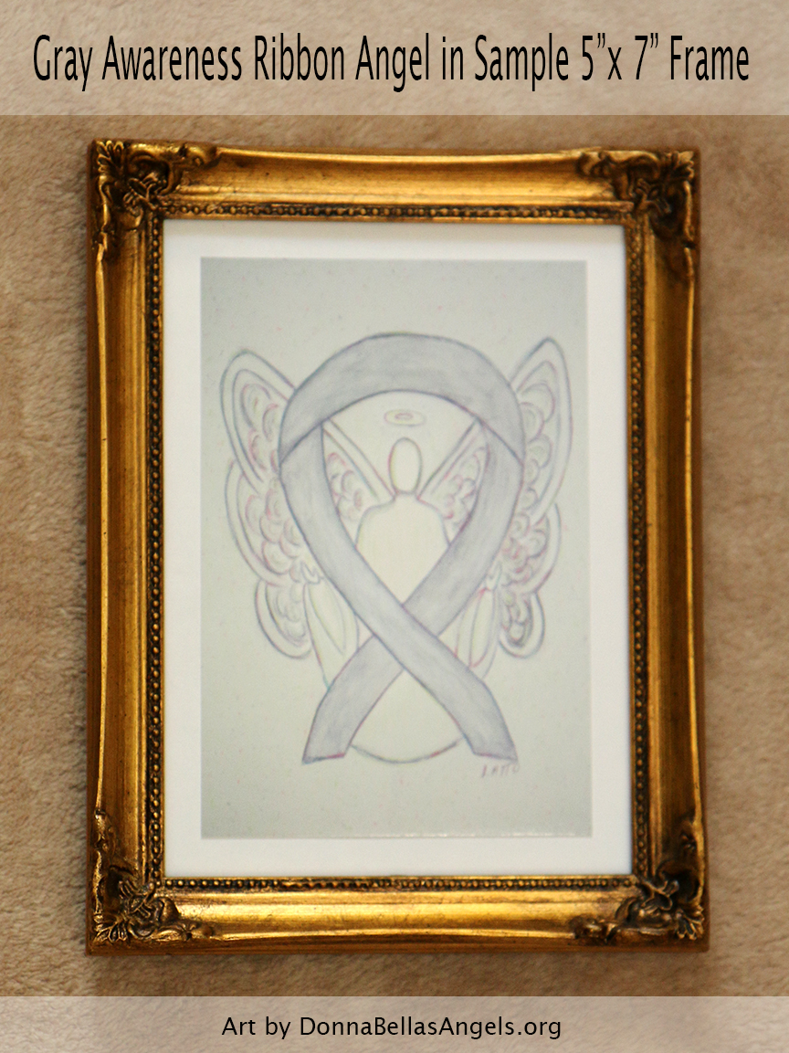 Gray Awareness Ribbon Guardian Angel Art Painting Postcard in Sample 5"X7" Frame