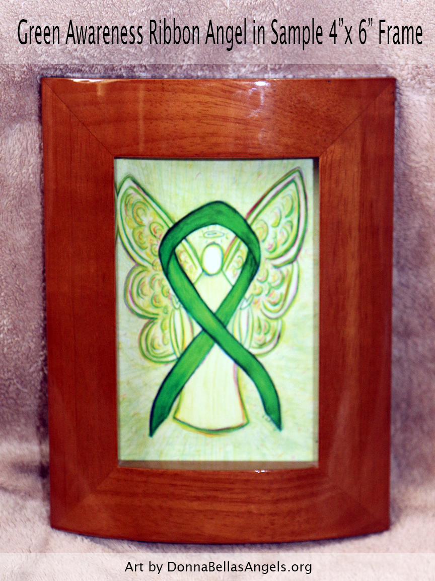 Green Awareness Ribbon Guardian Angel Art Painting Postcard in Sample 4"X6" Frame