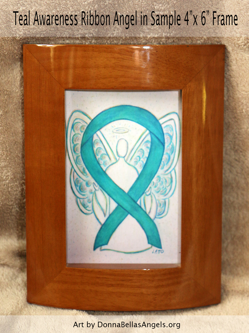 Teal Awareness Ribbon Guardian Angel Art Painting Postcard in Sample 4"X6" Frame