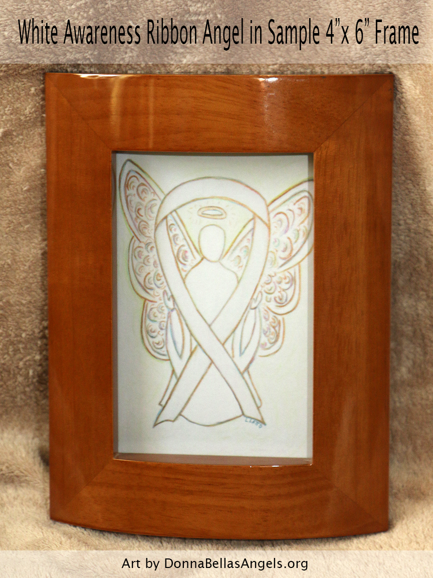 White Awareness Ribbon Guardian Angel Art Painting Postcard in Sample 4"X6" Frame