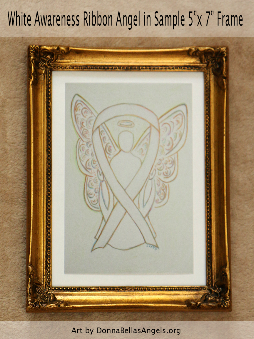White Awareness Ribbon Guardian Angel Art Painting Postcard in Sample 5"X7" Frame