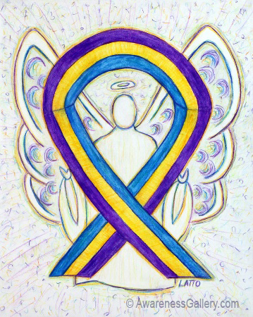 Blue, Purple, & Marigold Bladder Cancer Awareness Ribbon Angel Art Painting