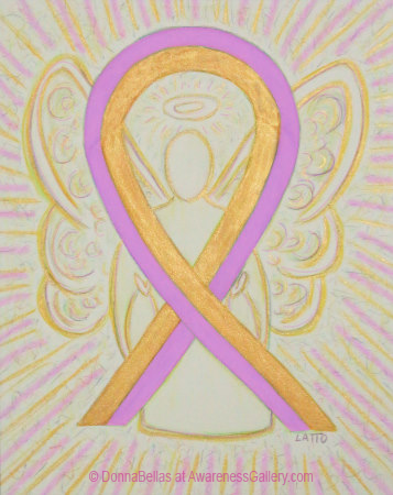 Gold and Pink Awareness Ribbon Angel Art Watercolor Painting Image