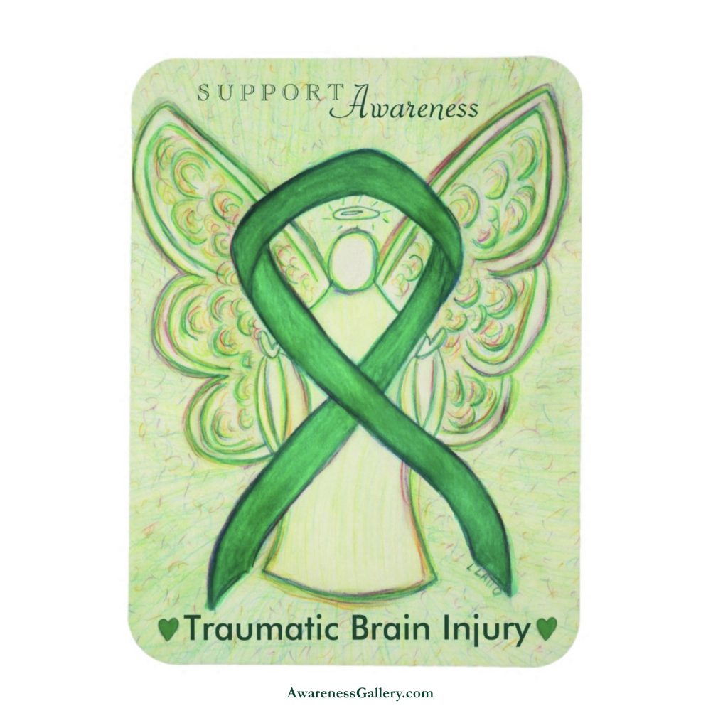 Traumatic Brain Injury (TBI) Green Awareness Ribbon Angel Art Refrigerator Magnet