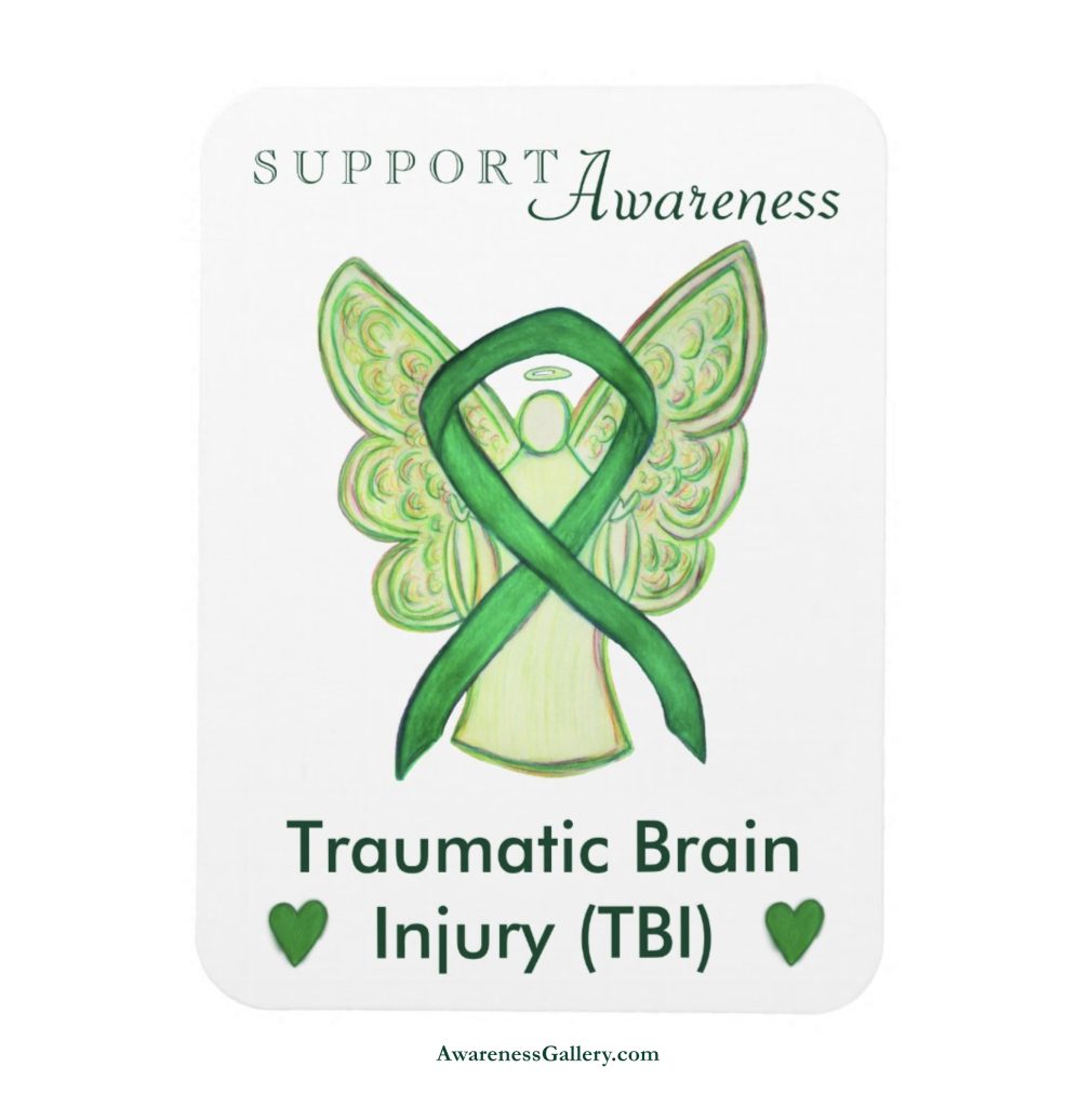 Traumatic Brain Injury (TBI) Green Awareness Ribbon Art Angel Refrigerator Magnet