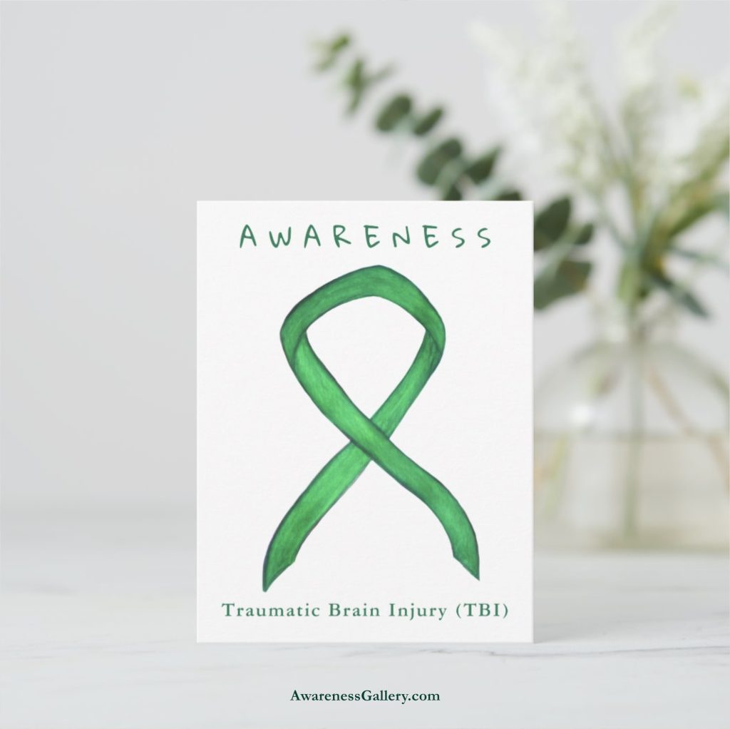 Traumatic Brain Injury (TBI) Green Awareness Ribbon Art Postcard