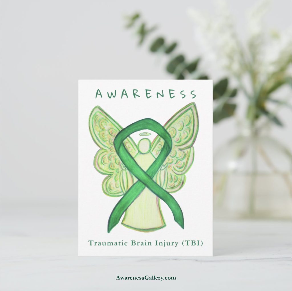 Traumatic Brain Injury (TBI) Green Awareness Ribbon Art Postcard