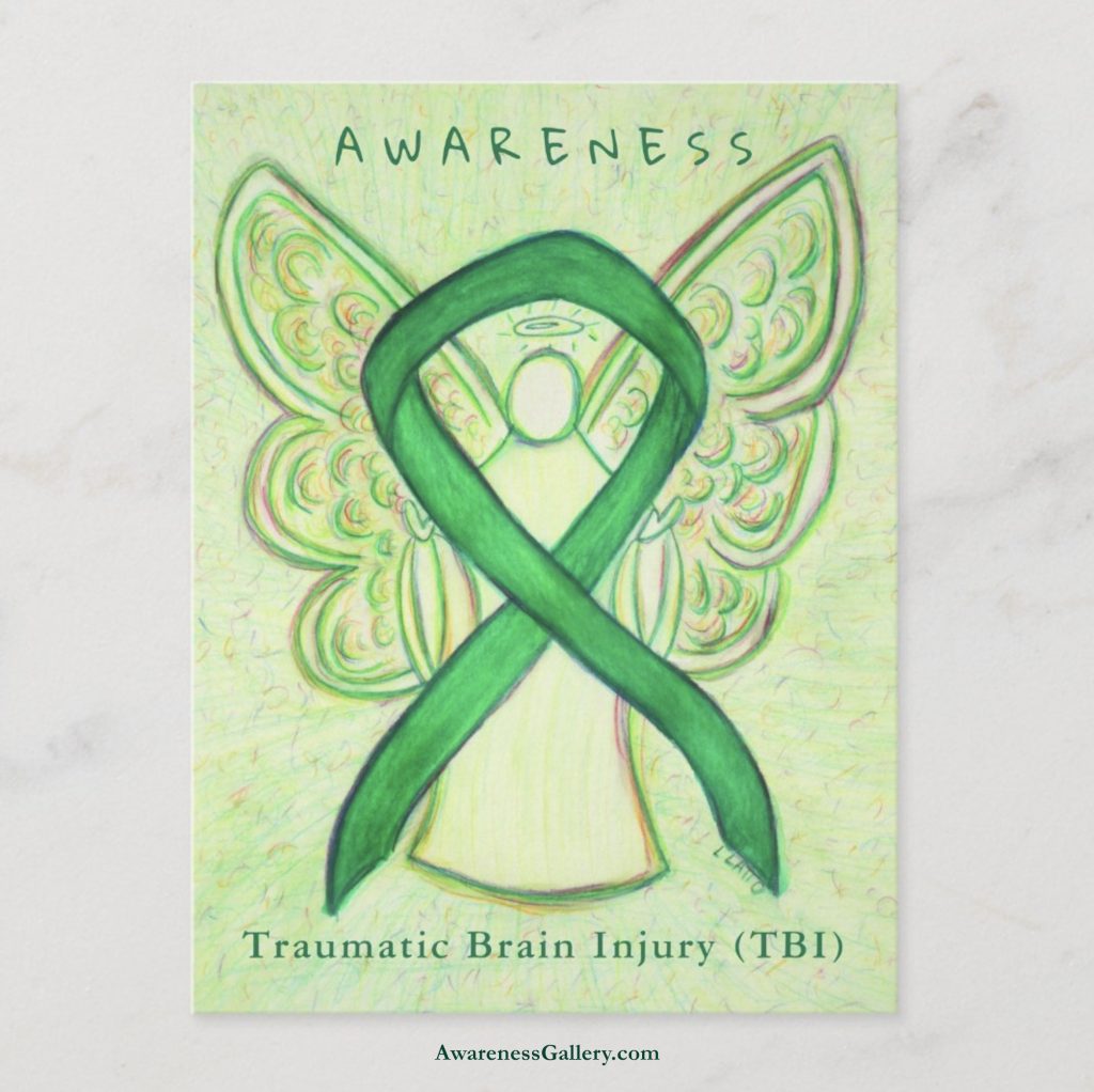 Traumatic Brain Injury (TBI) Green Awareness Ribbon Angel Art Notecard